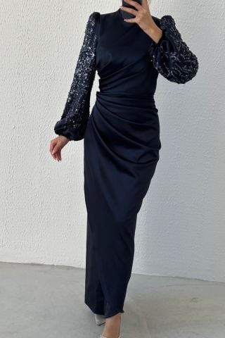 Modern Design Satin Hijab Evening Dress Navy Blue with Gathering Detail at the Waist