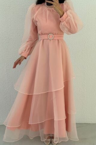 Tül Kat Kat Tesettür Abiye Toz Pembe