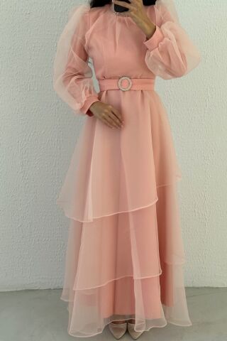 Tül Kat Kat Tesettür Abiye Toz Pembe