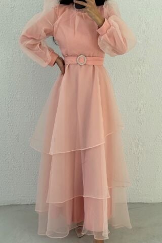 Tulle Layered Hijab Evening Dress Powder Pink