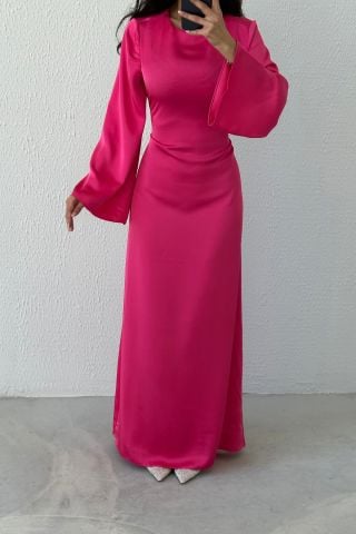 Basic Shiny Satin Hijab Evening Dress Fuchsia with Back Tie Detail