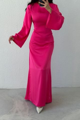 Basic Shiny Satin Hijab Evening Dress Fuchsia with Back Tie Detail