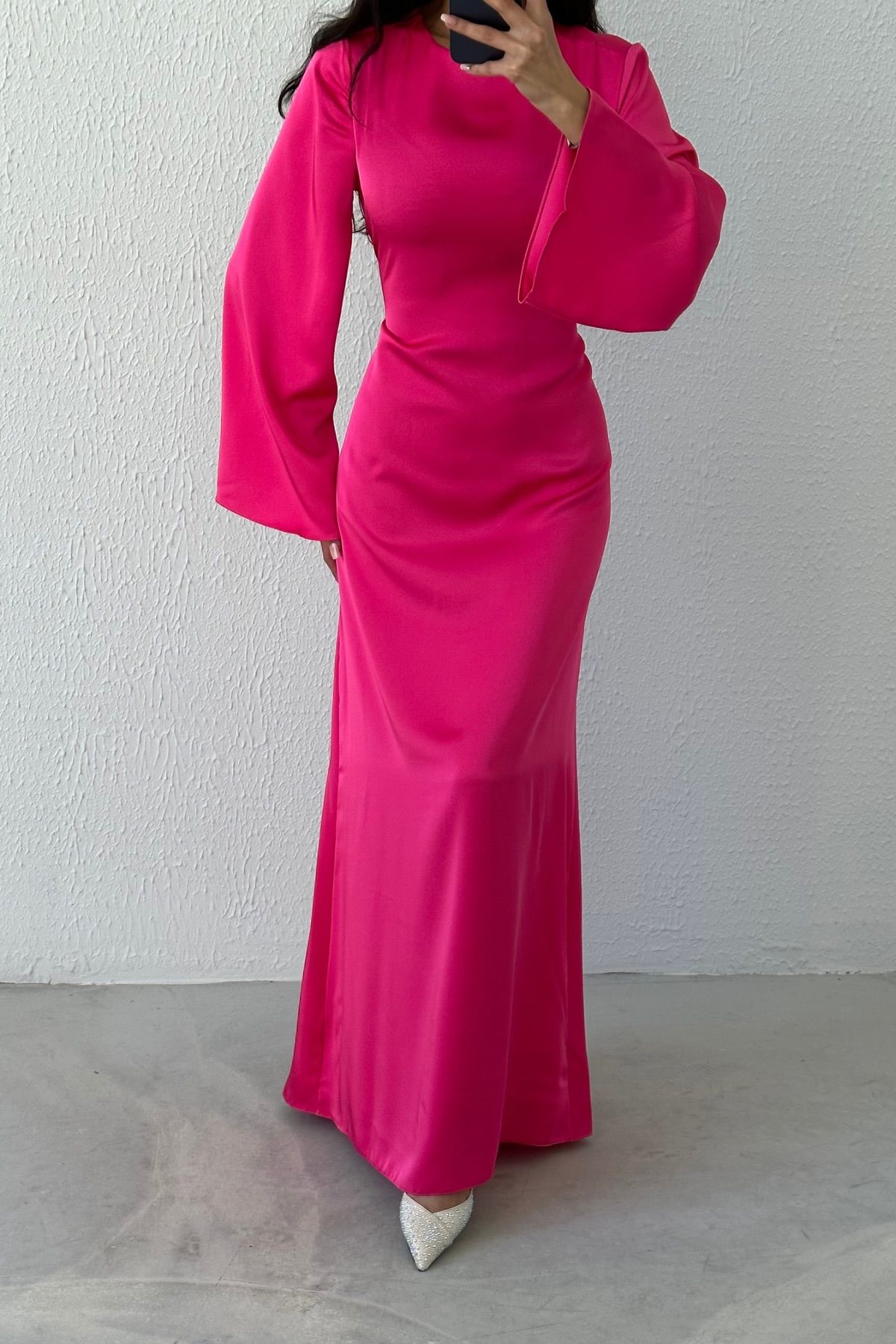 Basic Shiny Satin Hijab Evening Dress Fuchsia with Back Tie Detail