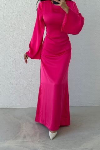 Basic Shiny Satin Hijab Evening Dress Fuchsia with Back Tie Detail