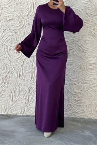 Arkadan Bağlama Detaylı Basic Saten Tesettür Abiye Mor
