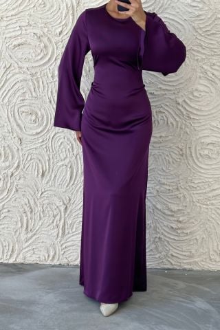 Arkadan Bağlama Detaylı Basic Saten Tesettür Abiye Mor