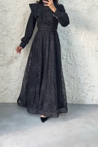 Shoulder Detailed Glittery Hijab Evening Dress Black