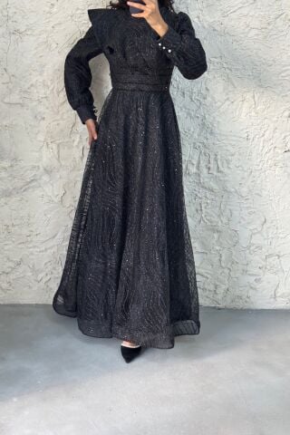 Shoulder Detailed Glittery Hijab Evening Dress Black