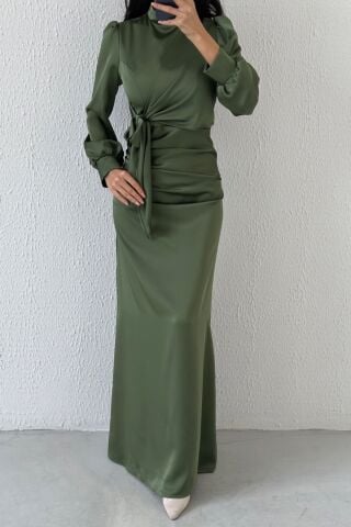 Büzgü Ve Düğüm Detaylı Saten Tesettür Abiye Haki