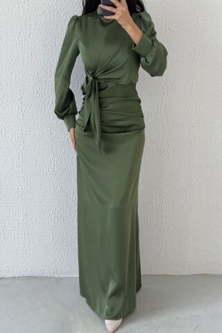 Büzgü Ve Düğüm Detaylı Saten Tesettür Abiye Haki