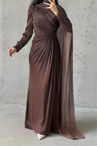 Janjan Hijab Evening Dress Brown with Cape Detail on the Shoulder