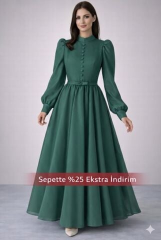 Şık Düğme Detaylı İnce Kemerli Organze Tesettür Abiye Yeşil