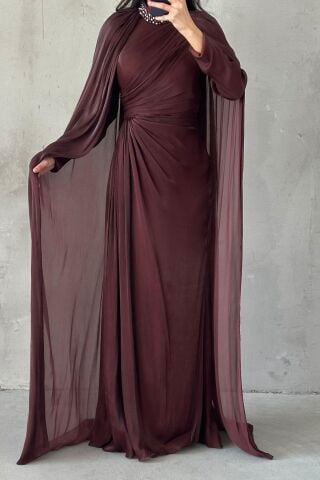 Brown Hijab Evening Dress with Cape Sleeves and Stoned Collar
