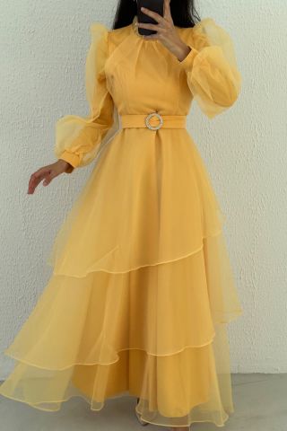 Tulle Layered Hijab Evening Dress Yellow