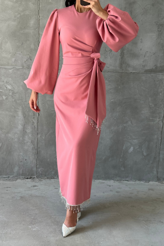 Double Krep Şık Tasarım Tesettür Abiye Pembe