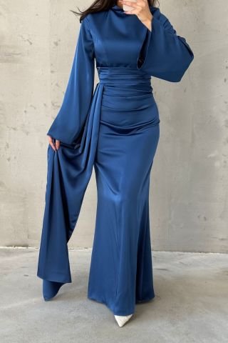 Tail Detailed Satin Hijab Evening Dress Indigo