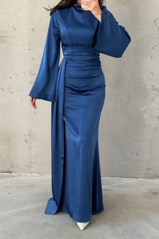 Tail Detailed Satin Hijab Evening Dress Indigo