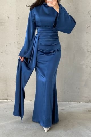 Tail Detailed Satin Hijab Evening Dress Indigo