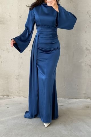 Tail Detailed Satin Hijab Evening Dress Indigo