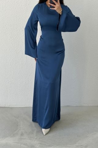 Basic Shiny Satin Hijab Evening Dress with Back Tie Detail Indigo