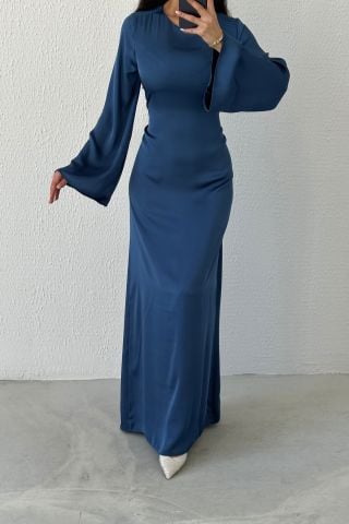 Basic Shiny Satin Hijab Evening Dress with Back Tie Detail Indigo