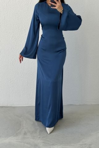 Basic Shiny Satin Hijab Evening Dress with Back Tie Detail Indigo