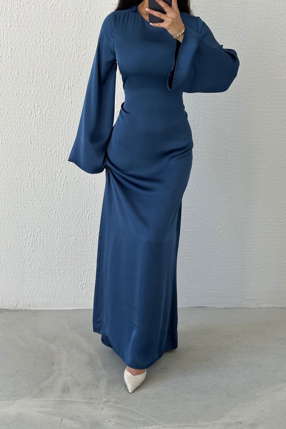 Basic Shiny Satin Hijab Evening Dress with Back Tie Detail Indigo