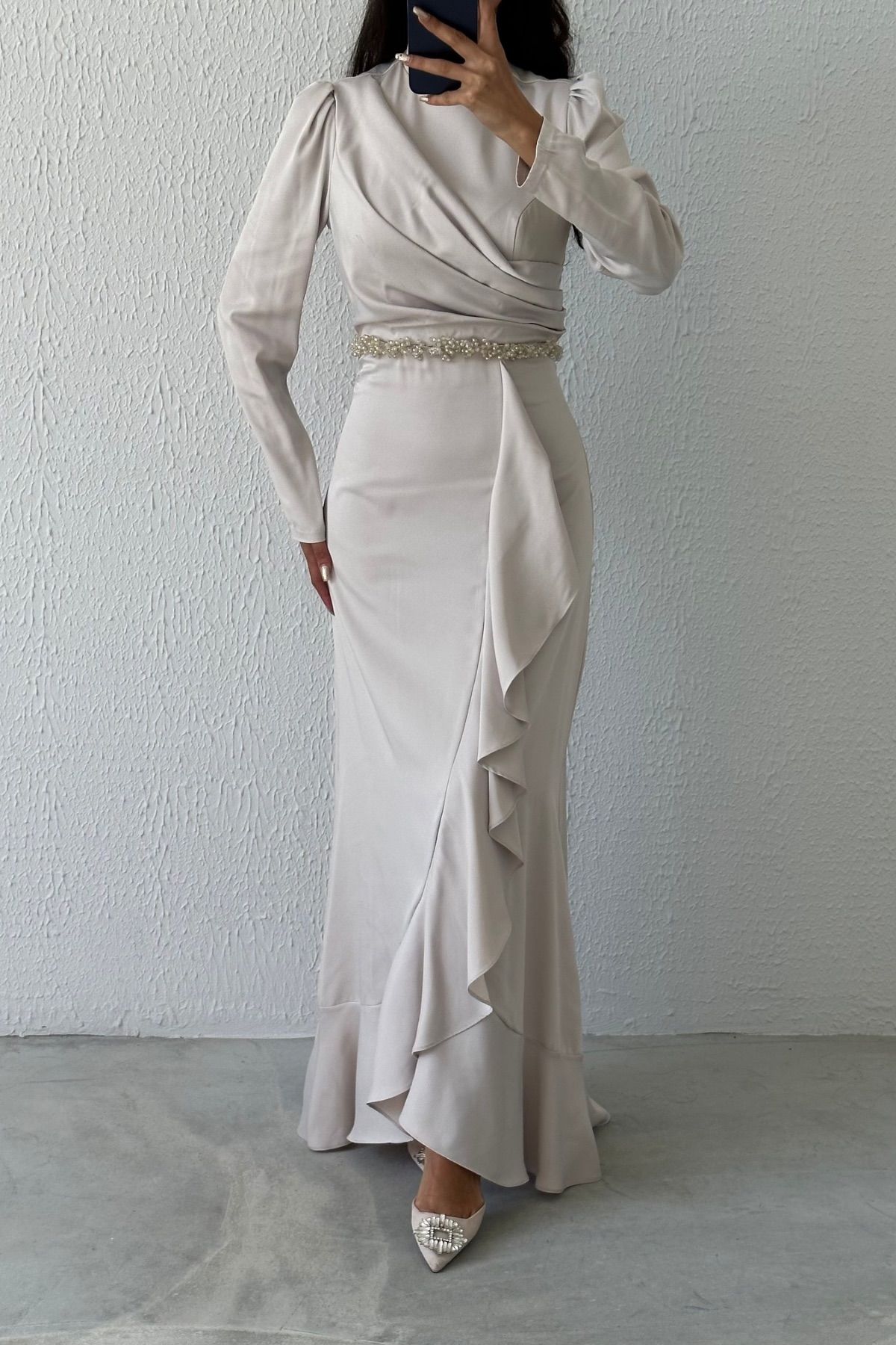 Satin Hijab Evening Dress with Bead Detail at Waist Stone