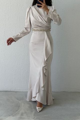 Satin Hijab Evening Dress with Bead Detail at Waist Stone