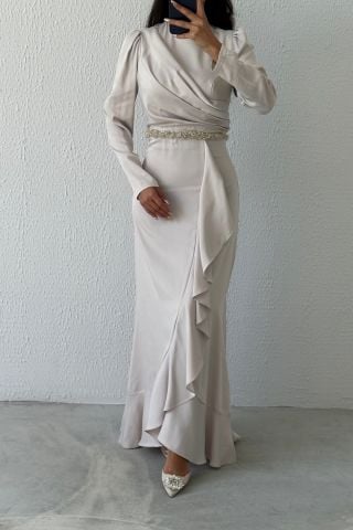 Belden Boncuk Detaylı Saten Tesettür Abiye Taş