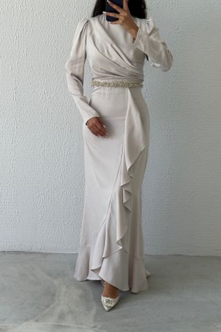 Satin Hijab Evening Dress with Bead Detail at Waist Stone