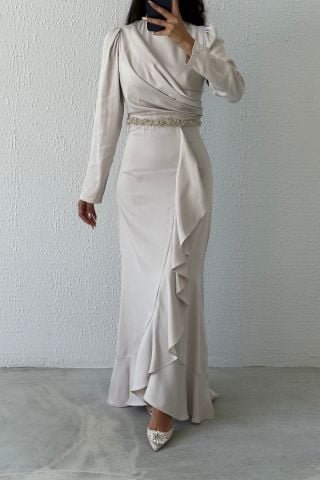 Satin Hijab Evening Dress with Bead Detail at Waist Stone