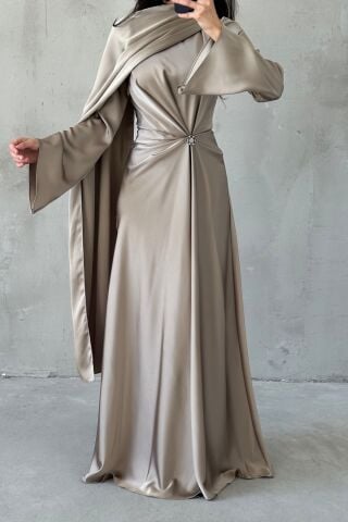 Flowing Fabric and Brooch Detailed Satin Hijab Evening Dress Mink