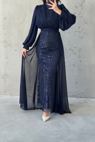 Cape Balloon Sleeve Chiffon Hijab Evening Dress Navy Blue