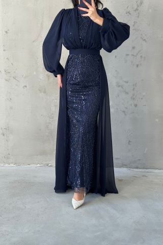 Cape Balloon Sleeve Chiffon Hijab Evening Dress Navy Blue