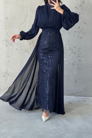 Cape Balloon Sleeve Chiffon Hijab Evening Dress Navy Blue