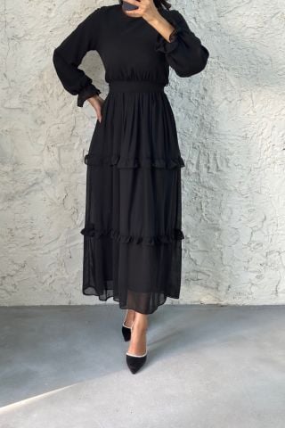 فستان سهرة حجاب أسود مع تنورة وحزام مكشكش