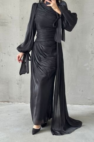 Flowing Fabric Tail Detailed Hijab Evening Dress Black