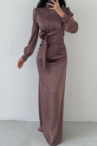 Satin Hijab Evening Dress Mink with Gathering and Knot Detail