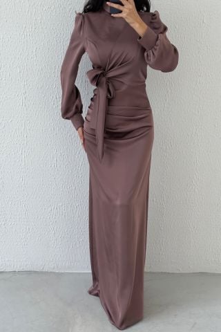 Satin Hijab Evening Dress Mink with Gathering and Knot Detail