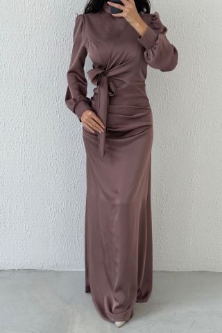 Büzgü Ve Düğüm Detaylı Saten Tesettür Abiye Vizon