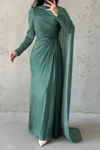 Janjan Hijab Evening Dress with Cape Detail on the Shoulder Pistachio Green