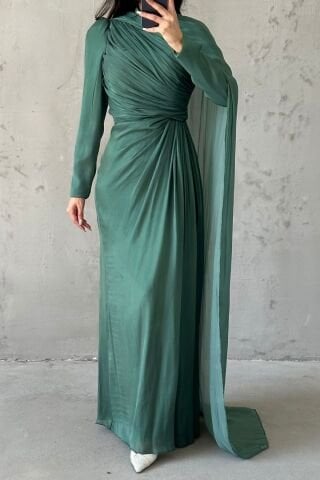 Janjan Hijab Evening Dress with Cape Detail on the Shoulder Pistachio Green