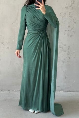 Omuzdan Pelerin Detaylı Janjan Tesettür Abiye Fıstık Yeşili