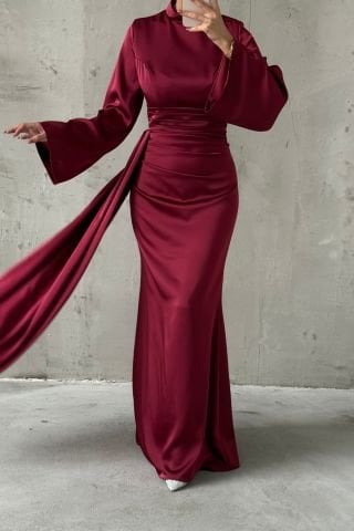 Kuyruk Detaylı Saten Tesettür Abiye Bordo