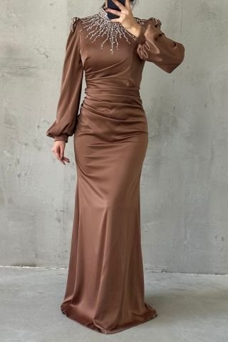 Unique Stone Embellished Waist Draped Satin Hijab Evening Dress Copper