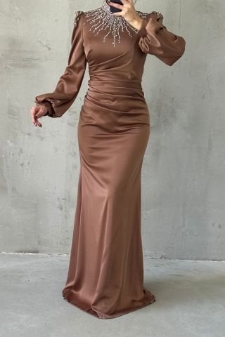 Unique Stone Embellished Waist Draped Satin Hijab Evening Dress Copper