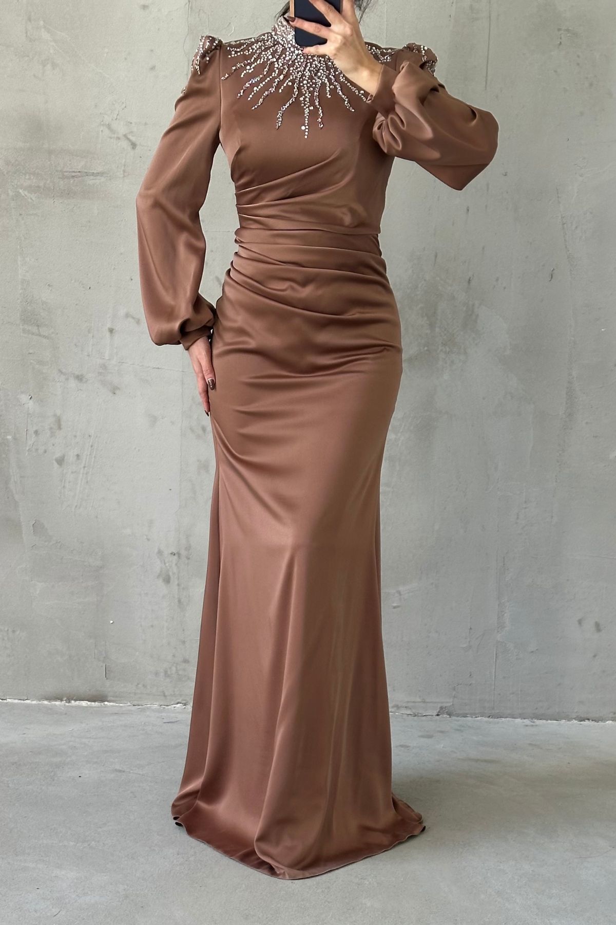 Unique Stone Embellished Waist Draped Satin Hijab Evening Dress Copper