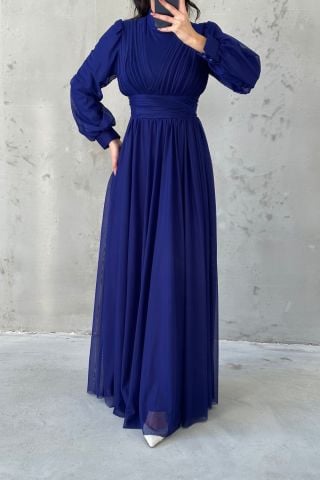 Şifon Kumaş Piliseli Kuşak Detaylı Tesettür Abiye Saks Mavisi