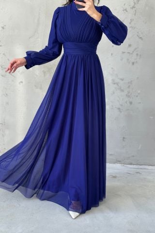 Şifon Kumaş Piliseli Kuşak Detaylı Tesettür Abiye Saks Mavisi